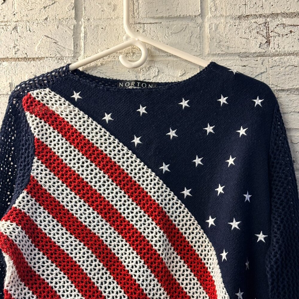 Norton Petites American Flag Open Knit Sweater PL Patriotic USA Semi Sheer - Picture 2 of 10